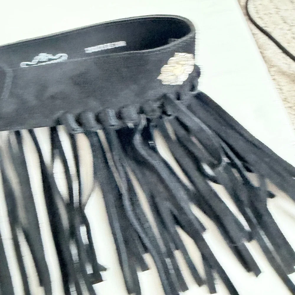 Vintage Et Vous Genuine Leather Suede Fringe Belt with Silver‎ Details